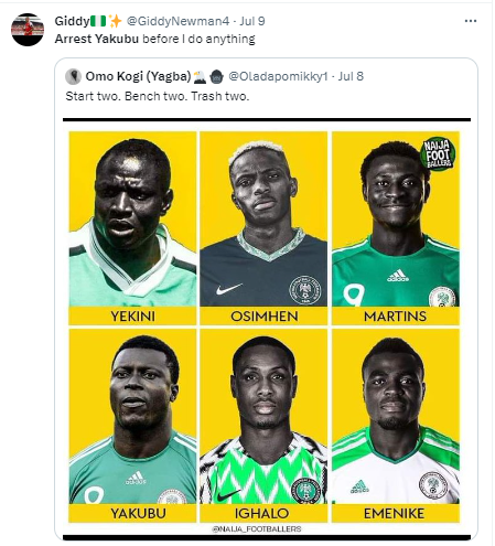 Twitter users took a post by the Naija Footballers that included images of Victor Osimhen, Rashidi Yekeni, Obafemi Martins, Yakubu Aiyegbeni, Odion Ighalo, and Emmanuel Emenike. They wanted Yakubu arrested