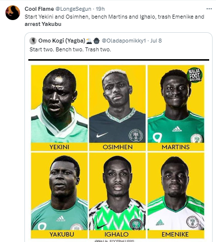 Twitter users took a post by the Naija Footballers that included images of Victor Osimhen, Rashidi Yekeni, Obafemi Martins, Yakubu Aiyegbeni, Odion Ighalo, and Emmanuel Emenike. They wanted Yakubu arrested