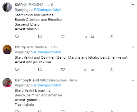 Twitter users took a post by the Naija Footballers that included images of Victor Osimhen, Rashidi Yekeni, Obafemi Martins, Yakubu Aiyegbeni, Odion Ighalo, and Emmanuel Emenike. They wanted Yakubu arrested