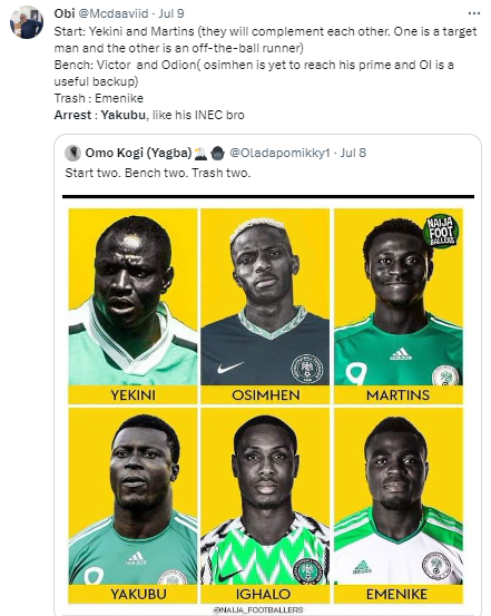 Twitter users took a post by the Naija Footballers that included images of Victor Osimhen, Rashidi Yekeni, Obafemi Martins, Yakubu Aiyegbeni, Odion Ighalo, and Emmanuel Emenike. They wanted Yakubu arrested