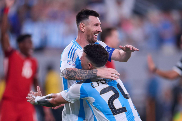 Lionel Messi celebrates his goal 2-0 with Enzo Fernandez of Argentina during the CONMEBOL Copa America 2024 Semi-final match between Argentina and Canada, at MetLife Stadium, on July 09, 2024 || Image credit: Imago