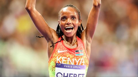 Beatrice Chebet reacts after historic 10,000m victory at Paris Olympics