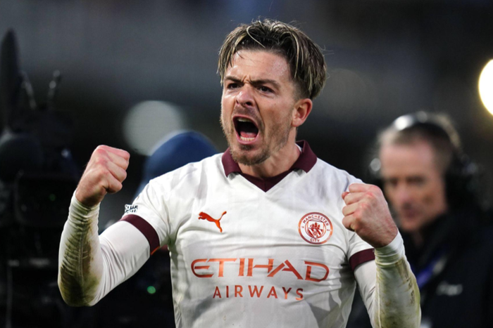 Manchester City s Jack Grealish celebrates victory after the final whistle in the Premier League match at Kenilworth Road, Luton || Image credit: Imago