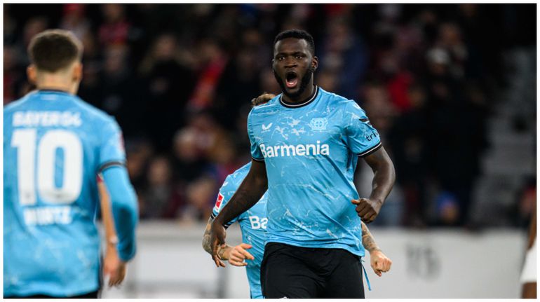 Bayer Leverkusen superstar, Victor Boniface, celebrates the leveler against Stuttgart.