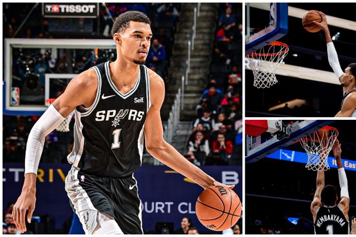 Victor Wembanyama in full flight against the Pistons in the NBA.