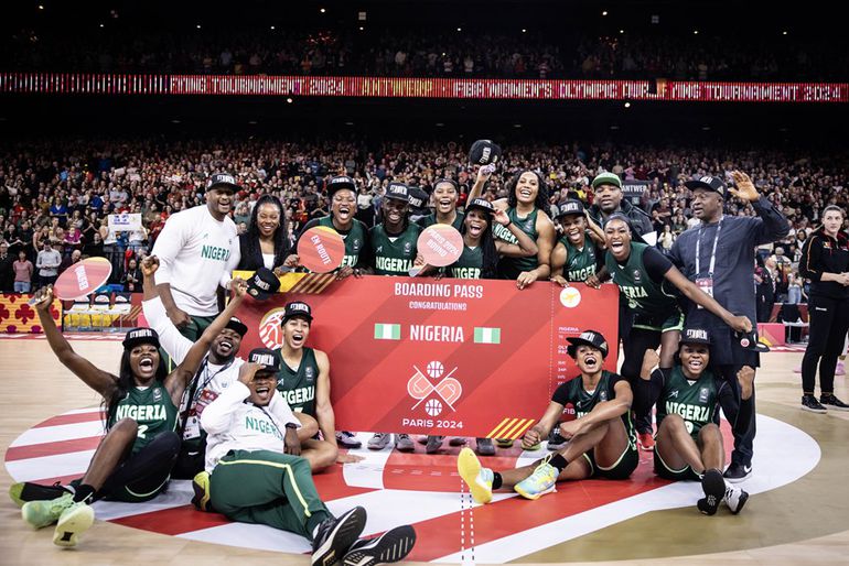 Nigeria's D'Tigress celebrate Paris Olympic qualification with 78-61 to Belgium.