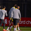 Liverpool s Harvey Elliott with Mohamed Salah as Trent Alexander-Arnold looks on during a training session ahead of the UEFA Champions League Round of 16 2nd Leg match between Liverpool FC and Paris Saint-Germain. (Photo by David Rawcliffe Propaganda)