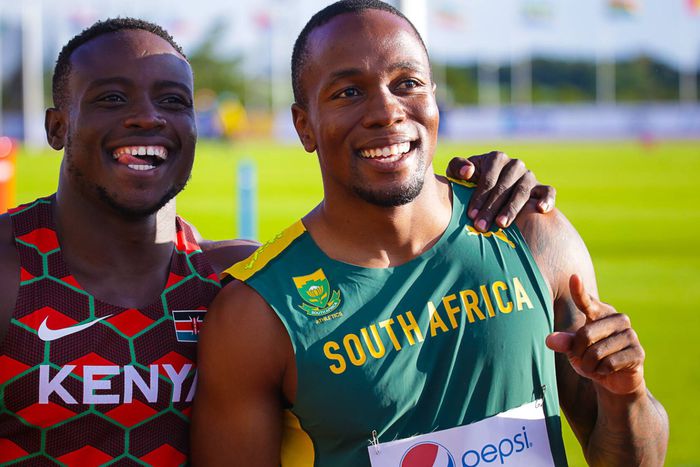South Africa s Akani Simbine and Kenya s Ferdinand Omanyala after their close 100m final race at the 22nd African Athletics Championships in Saint Pierre, Mauritius.