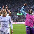 Michael Kayode celebrates Fiorentina's win against Raphael Onyedika's Club Brugge in the UECL.