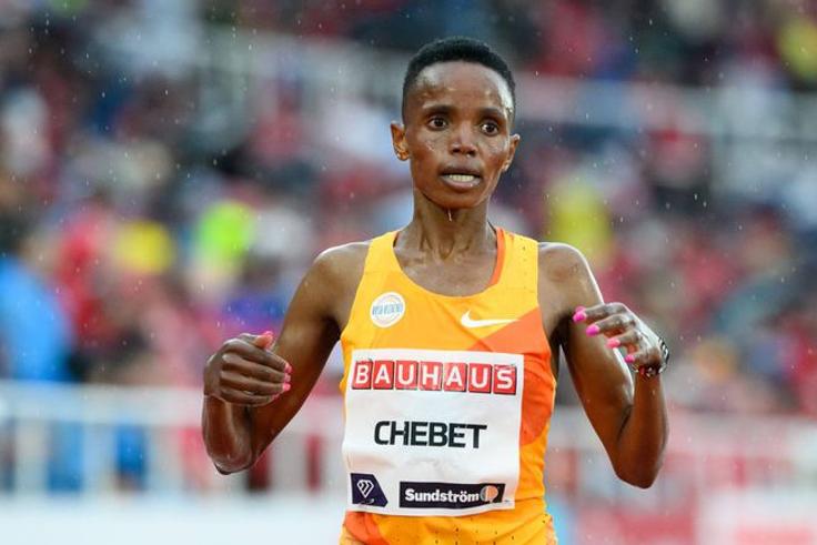 Beatrice Chebet reacts after setting world leading time at the Diamond League in Doha