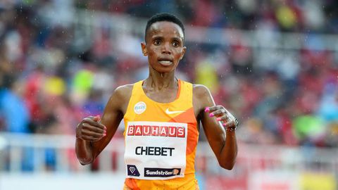 Beatrice Chebet reacts after setting world leading time at the Diamond League in Doha