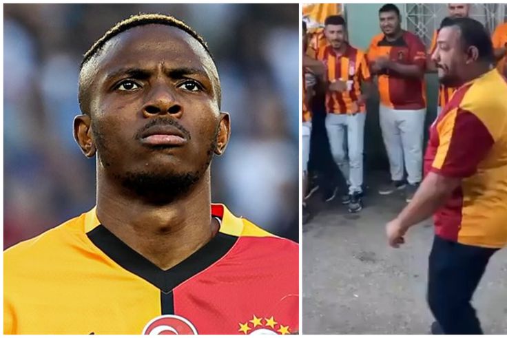 Victor Osimhen reacts to Galatasaray fans dancing.