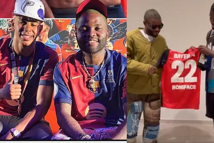 Nigerian Afrobeats star Skales moves on from Lamine Yamal, gifted Bayer Leverkusen jersey by Super Eagles star Victor Boniface in Germany.