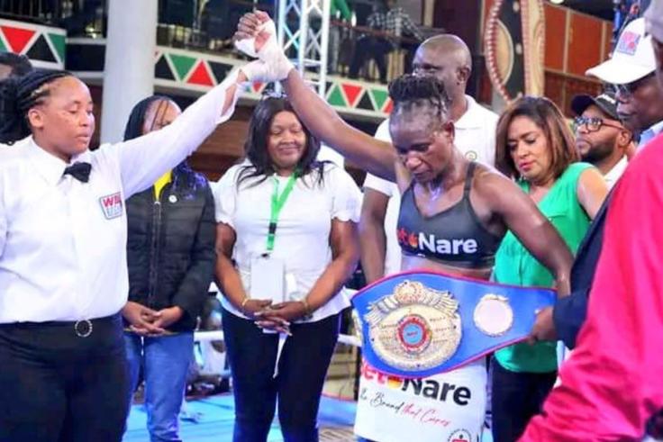 Sarah Achieng of Kenya after beating Argentine Edith Soledad Matthysse in Nairobi.