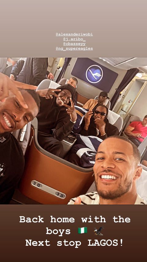 Ekong's Super Eagles teammates on the jet include Everton midfielder Alex Iwobi, Southampton midfielder Joe Aribo, and Ajax defender Calvin Bassey.