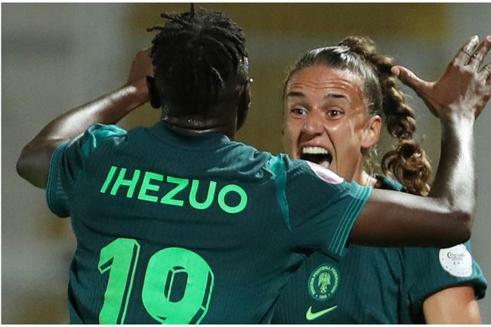 Ashleigh Plumptre celebrates with match-winner Chinwendu Ihezuo.