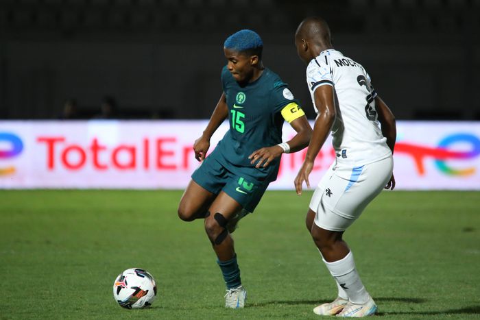 Rasheedat Ajibade, Super Falcons of Nigeria and Kesegofetse Mochawe of botswana during the 2024 Women s Africa Cup of Nations (Wafcon) beyween Botswana and Nigeria at Stade Larbi Zaouli on July 10, 2025 in Casablanca, Morocco. Photo by Justina Aniefiok