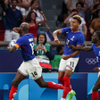 Jean-Philippe Mateta of France is celebrating with Desire Doue and Castello Lukeba after scoring the third goal from a penalty during the Men s Gold Medal match between France and Spain during the Olympic Games || Image credit: Imago