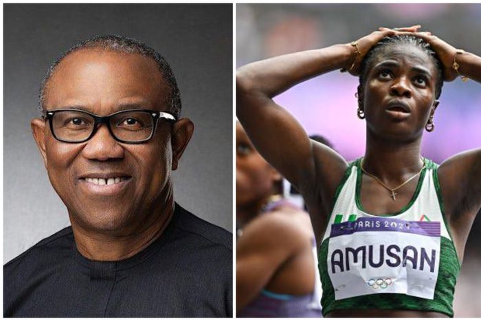 Peter Obi is not happy with the Team Nigeria out led by Tobi Amusan (left).