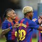 Lamine Yamal of FC Barcelona celebrates the 4-0 with Raphael Dias Belloli Raphinha and Marcus Rashford || Image credit: Imago