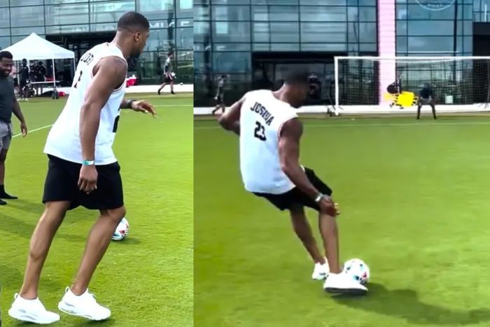 When Anthony Joshua visited his "childhood hero" David Beckham in Miami, he displayed his football prowess.