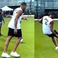 When Anthony Joshua visited his "childhood hero" David Beckham in Miami, he displayed his football prowess.