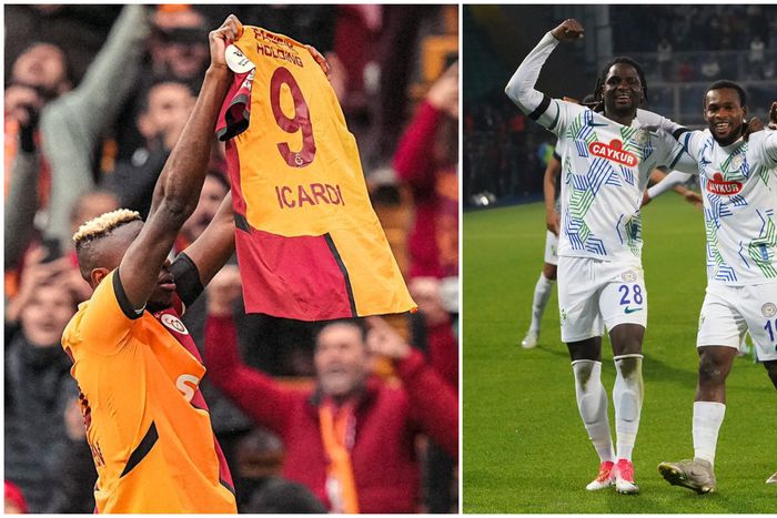 Victor Osimhen (left) and Rizespor's duo, David and Olawoyin.