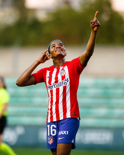Ajibade celebrates her goal against Real Betis.