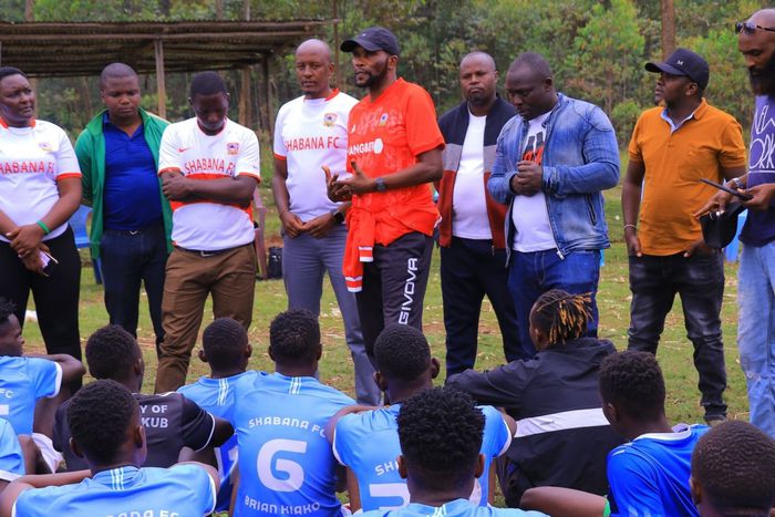 Shabana FC new coach Sammy 'Pamzo' Omollo addresses his players.