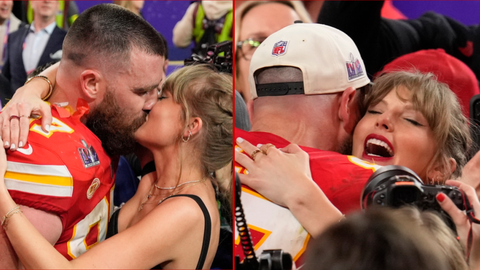 Taylor Swift and boyfriend Travis Kelce share emotional kiss as Chiefs clinch Super Bowl victory