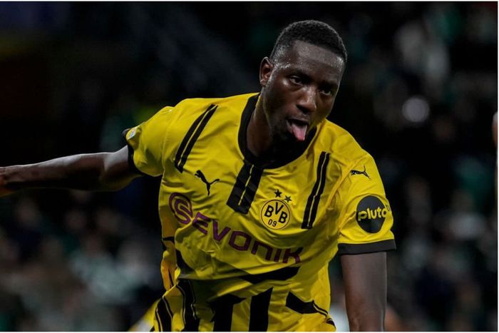 Guinea's Serhou Guirassy celebrates against Sporting in the Champions  League.