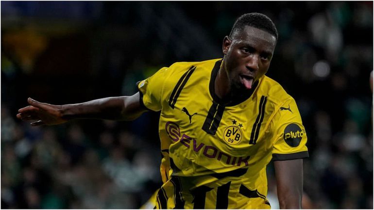 Guinea's Serhou Guirassy celebrates against Sporting in the Champions  League.