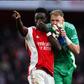 Bukayo Saka and Aaron Ramsdale of Arsenal