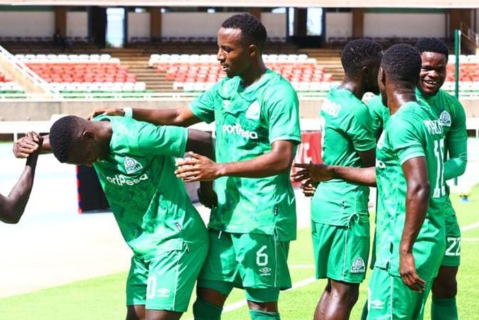 Boniface Omondi leads Gor Mahia players in celebrating a goal at Kasarani.