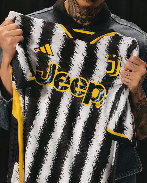 The jersey is a celebration of the distinctive Juventus black and white stripes