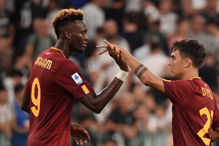 AS Roma's Tammy Abraham and Paulo Dybala
