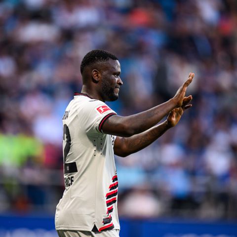 Victor Boniface celebrates another goal for Bayer Leverkusen.