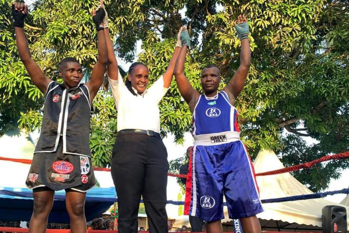Conjestina Achieng and Fatuma Zarika after their friendly bout in Mombasa on Sunday.