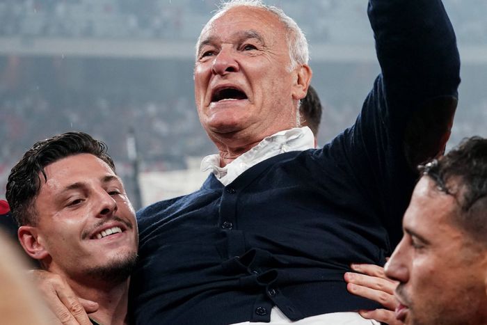 Veteran Italian coach Claudio Ranieri celebrates securing Serie A promotion with Cagliari.