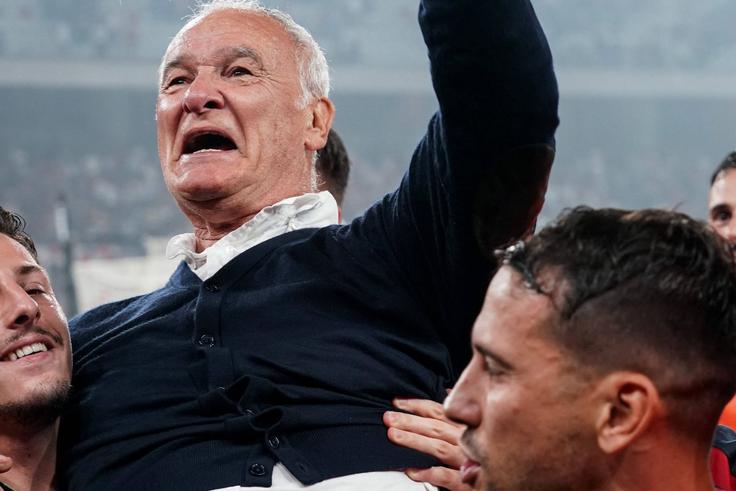 Veteran Italian coach Claudio Ranieri celebrates securing Serie A promotion with Cagliari.
