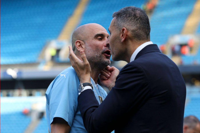 Manchester City manager Pep Guardiola (L) and Manchester City chairman Khaldoon Al Mubarak (R) Manchester City v West Ham United, Premier League, Football, Etihad Stadium || Image credit: Imago