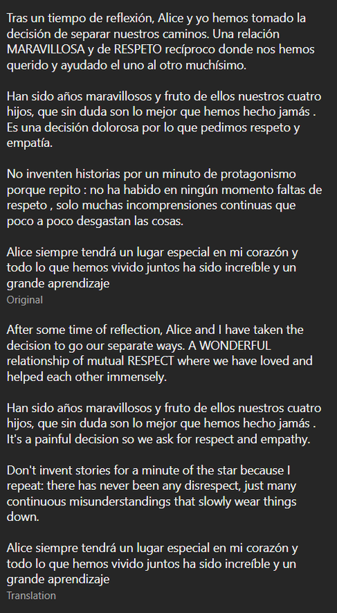 Morata's message on Instagram || Instagram