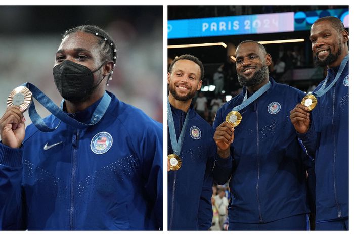 Noah Lyles reacts to USA's basketball team winning gold at the Olympics