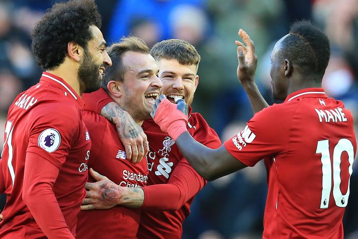 Xhedran Shaqiri during his Liverpool days alongside Mohamed Salah, Alberto Moreno, and Sadio Mane | Imago