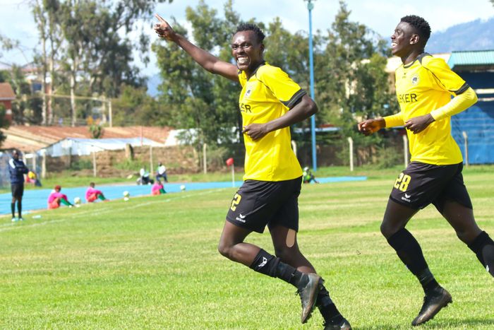 Mike Odupr of Tusker celebrates opening the scoring against Nairobi City Stars.