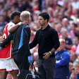 Mikel Arteta (Arsenal head coach) looks at Jurien Timber (A) as he comes off injured at the Arsenal v Nottingham Forest EPL match, at the Emirates Stadium, London, UK on August 12, 2023 || Image credit: Imago