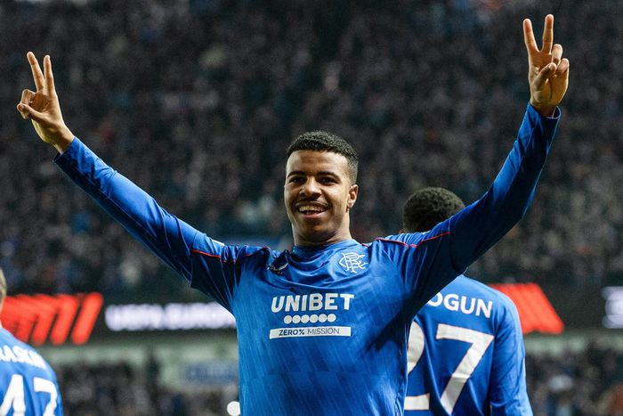 Hamza Igamane clebrates scoring for Rangers against Tottenham | DailyRecord Sport on X