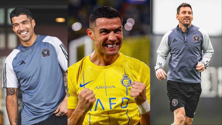 Inter Miami stars Luis Suarez and Lionel Messi train for a friendly against Cristiano Ronaldo's Al-Nassr.