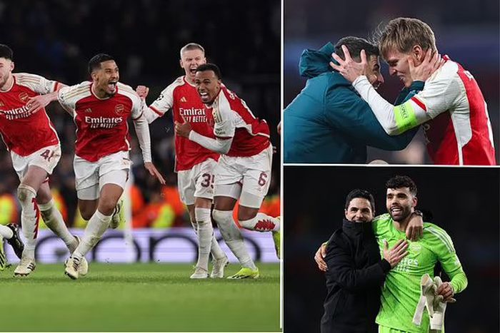 Arsenal manager Mikel Arteta and players celebrate after defeating FC Porto on penalties to dvance to the UEFA Champions League quarterfinals || Image credit: Dailymail