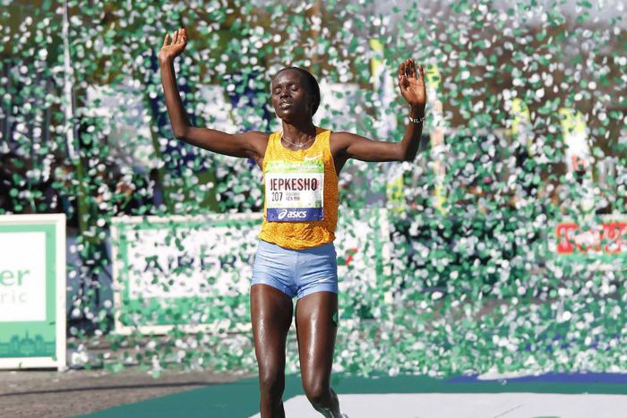 Visiline Jepkesho after winning the 2016 Paris Marathon